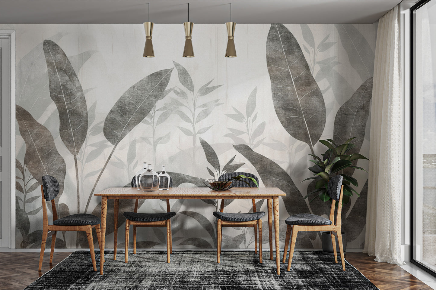 Monochrome Tropical Leaves Wall Mural-d154