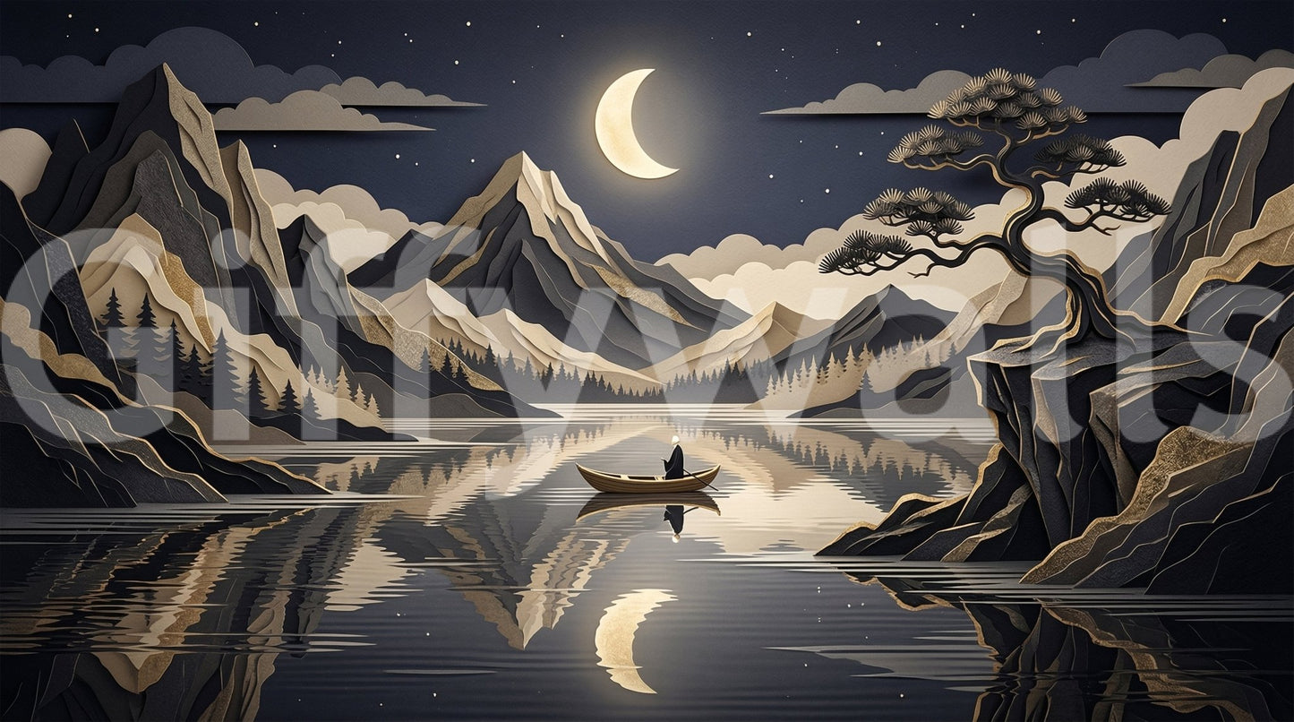Dark tone mountain wall mural with calm lake reflection