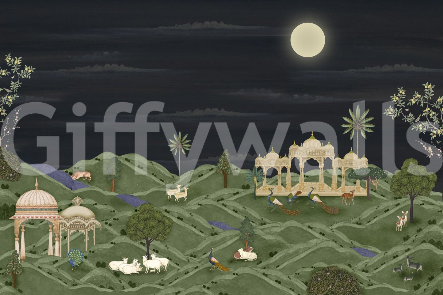 Moonlit Palace Garden wall mural with hills, moon, and deer
