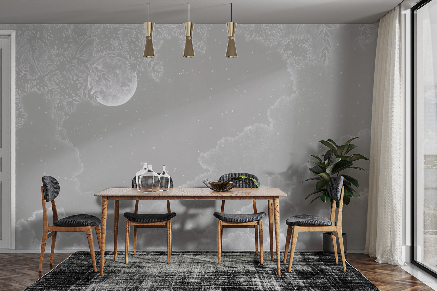 Grayscale celestial wallpaper with moonlit night charm