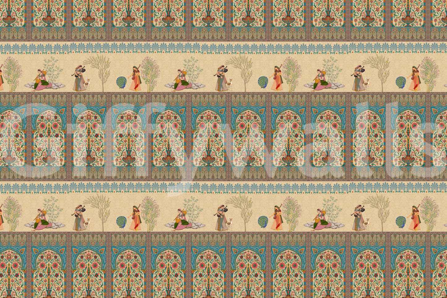 Mughal Melodies Wall Mural in lounge, ornate detailing, warm tones, focal wall