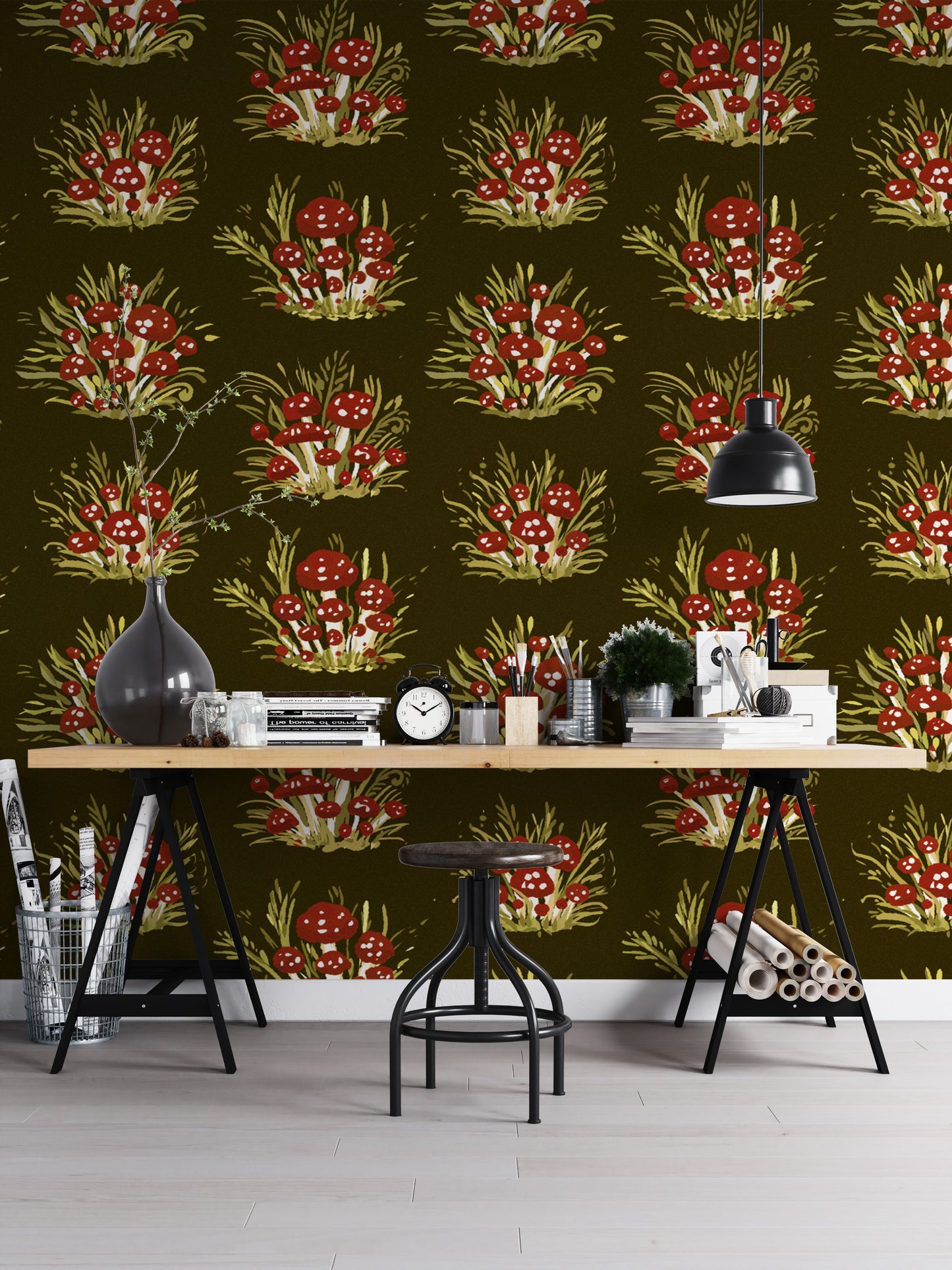 Vibrant dark mushroom millefleurs wallpaper for a dramatic ambiance.