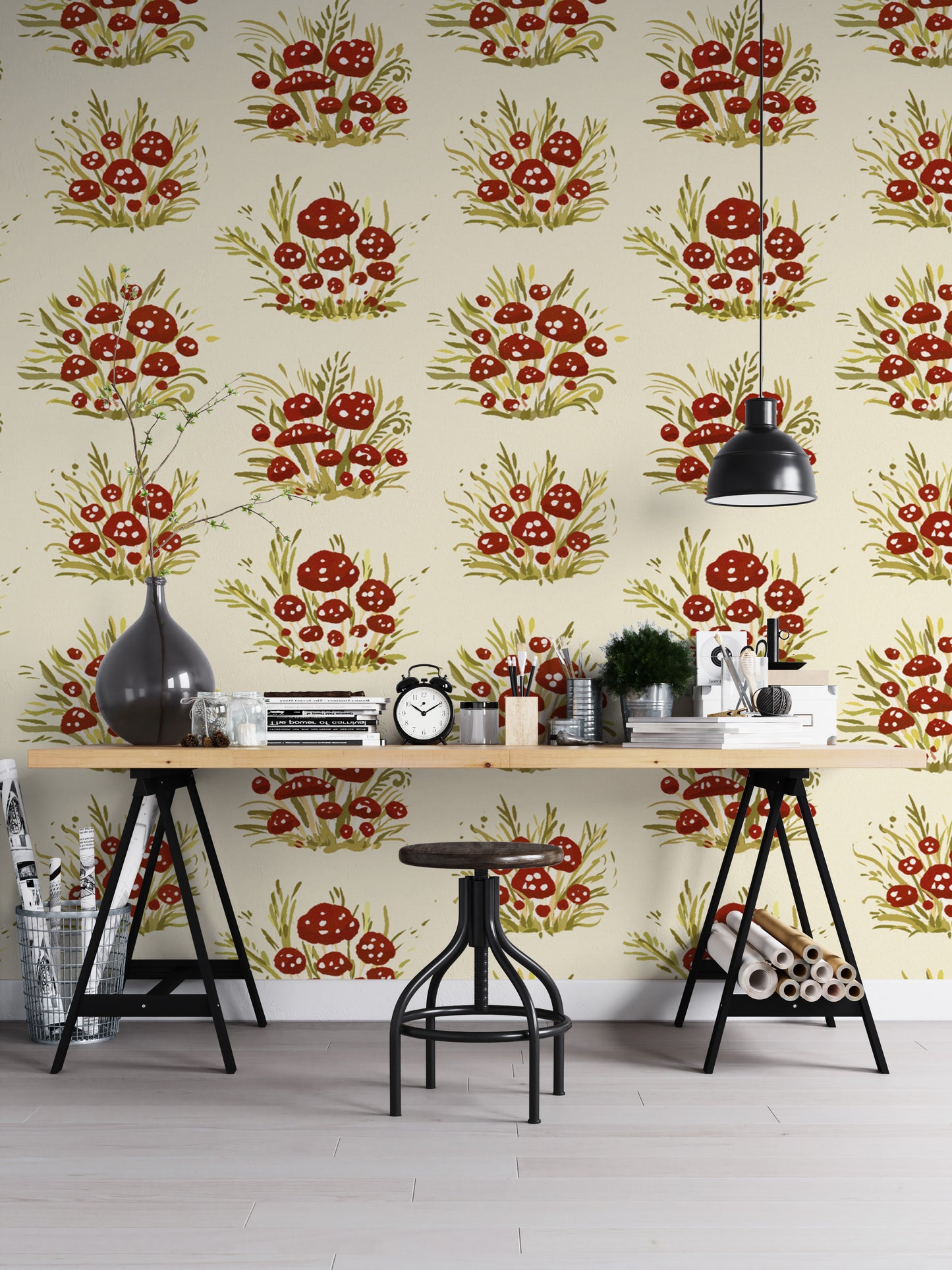 Stylish mushroom millefleurs light wallpaper for serene, chic rooms.
