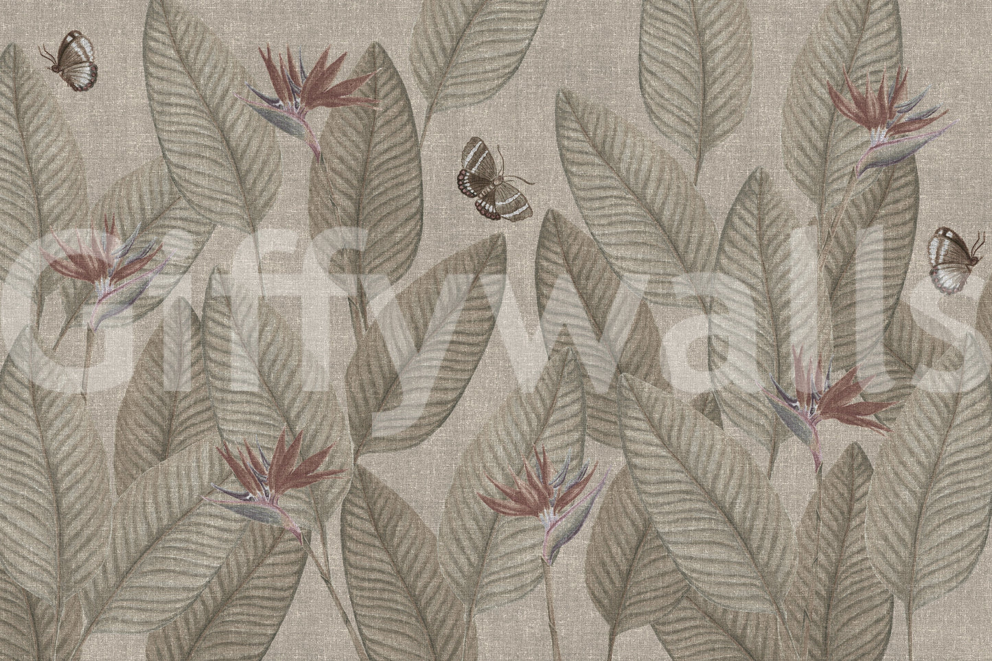 Botanical textured wall mural, Jungle Life Muted pattern, elegant nature inspired design.
