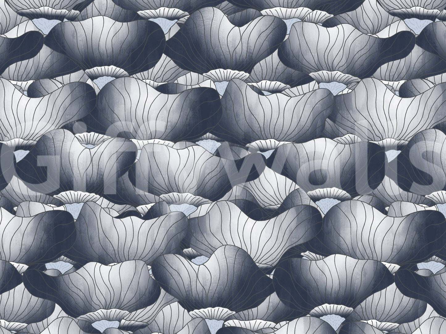 Navy Blue Botanical Bloom Waves Wall Mural