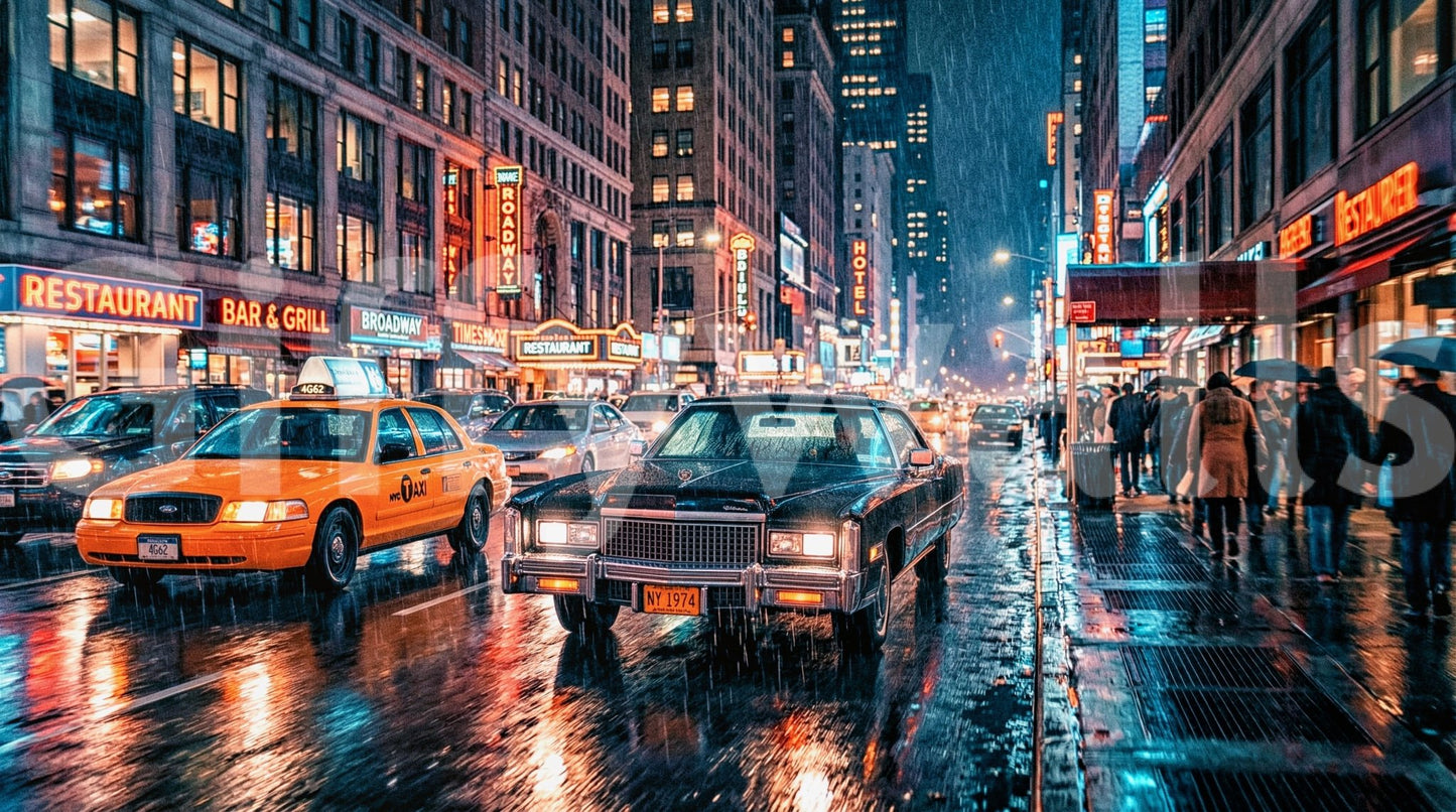 City street wall mural with neon glow and rainy night scene
