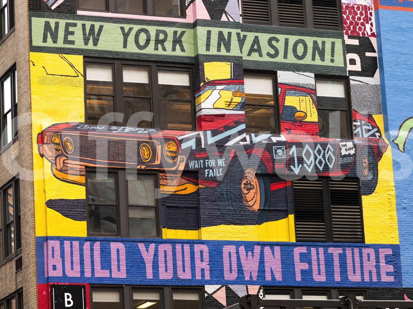 Bright NYC wall mural with futuristic rebellion theme