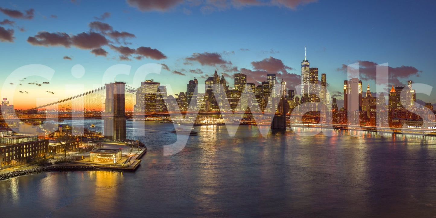 Panoramic city lights over water, Brooklyn Bridge, NYC Twilight Sparkle.