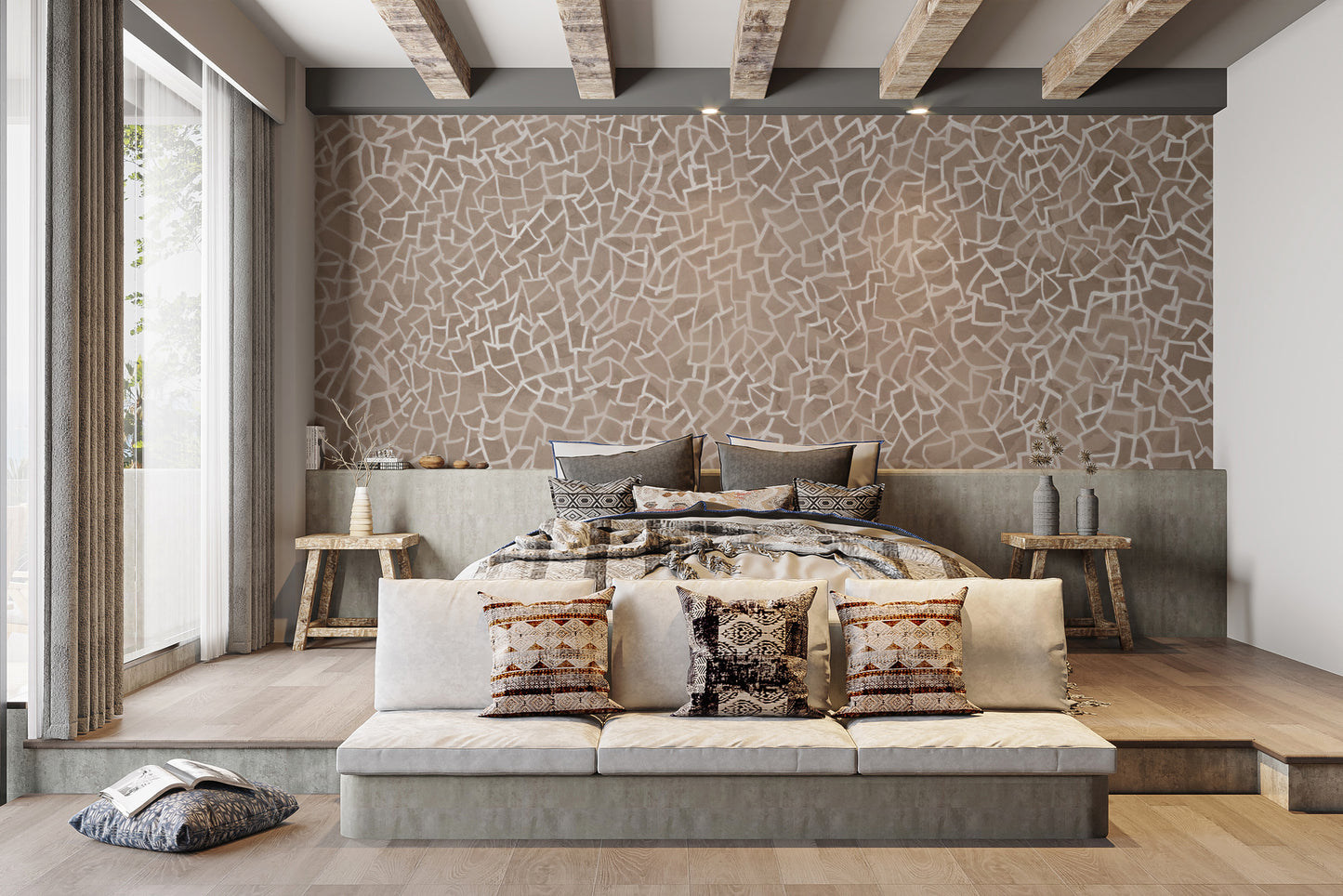 Neutral brown mosaic wallpaper mural for modern interiors.