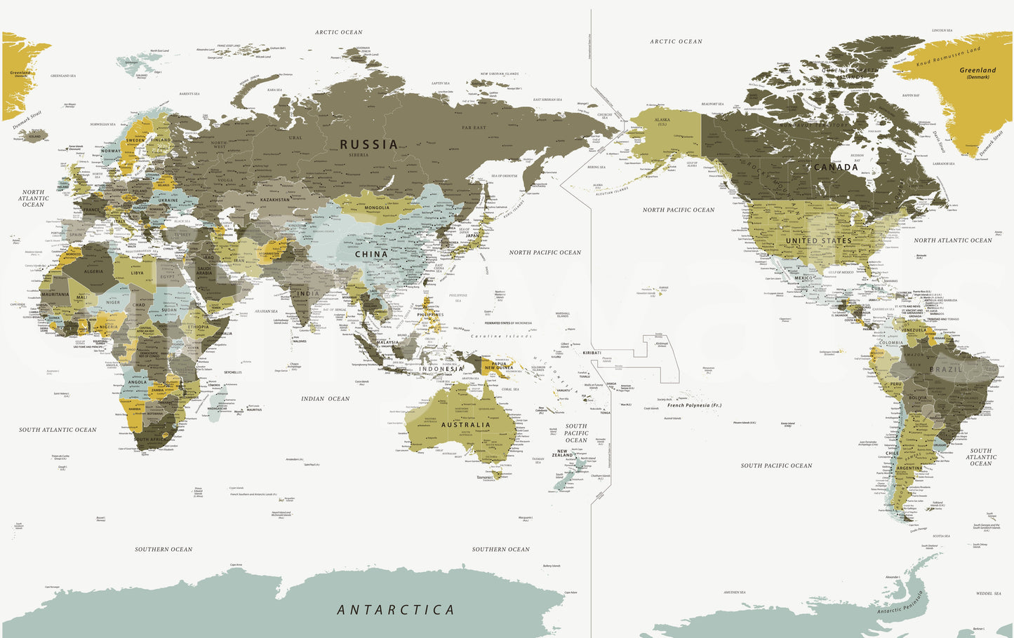 Pacific Centred World Map Olive Green Wall Mural
