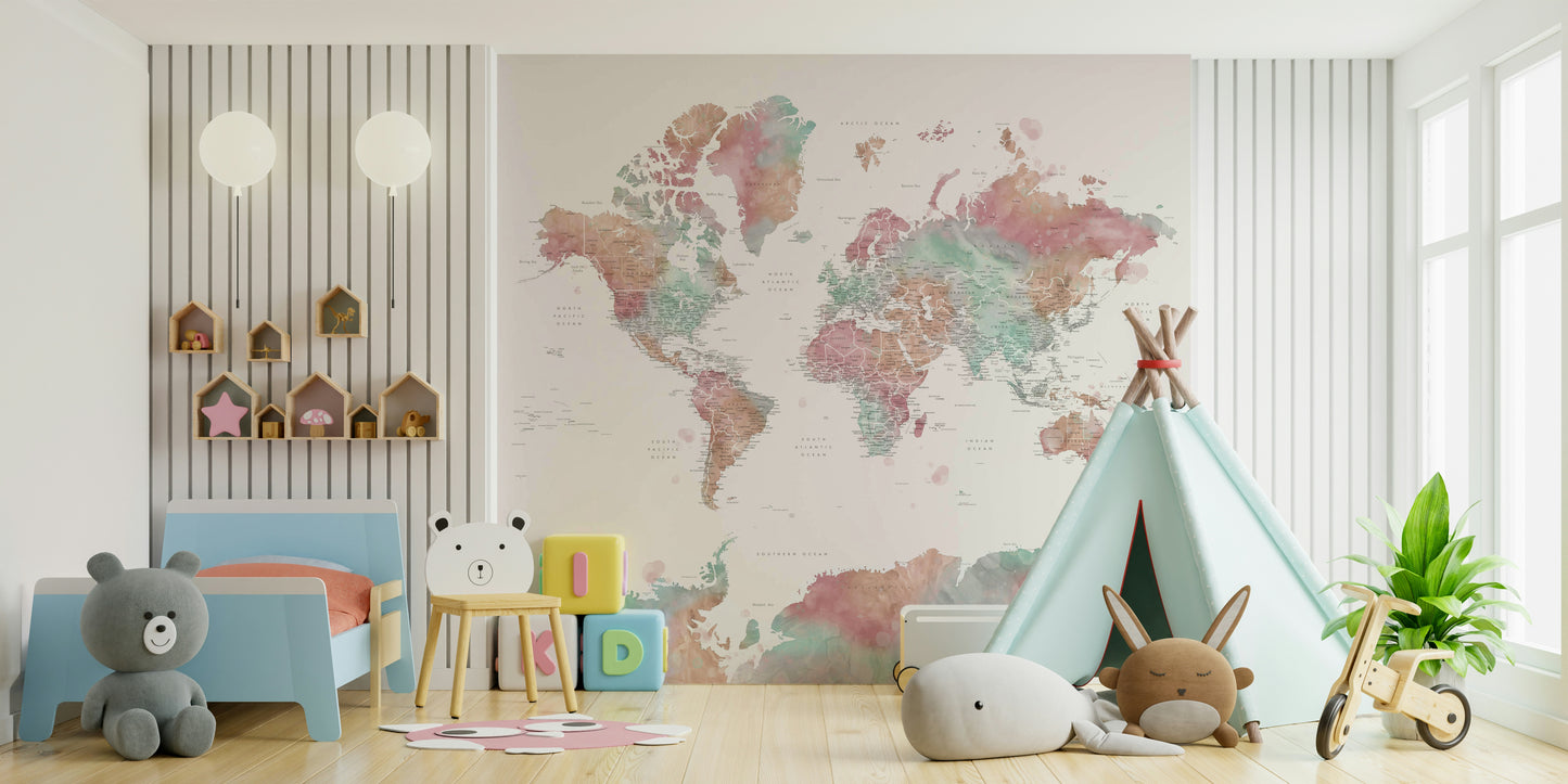 Decorative pastel map wallpaper for creative spaces