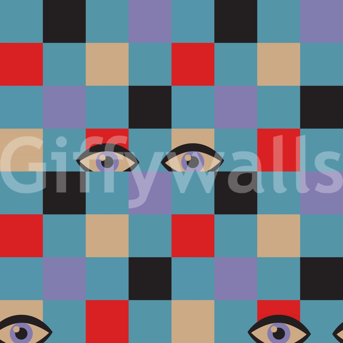 Bold geometric wallpaper featuring colorful squares punctuated by stylized eye designs.