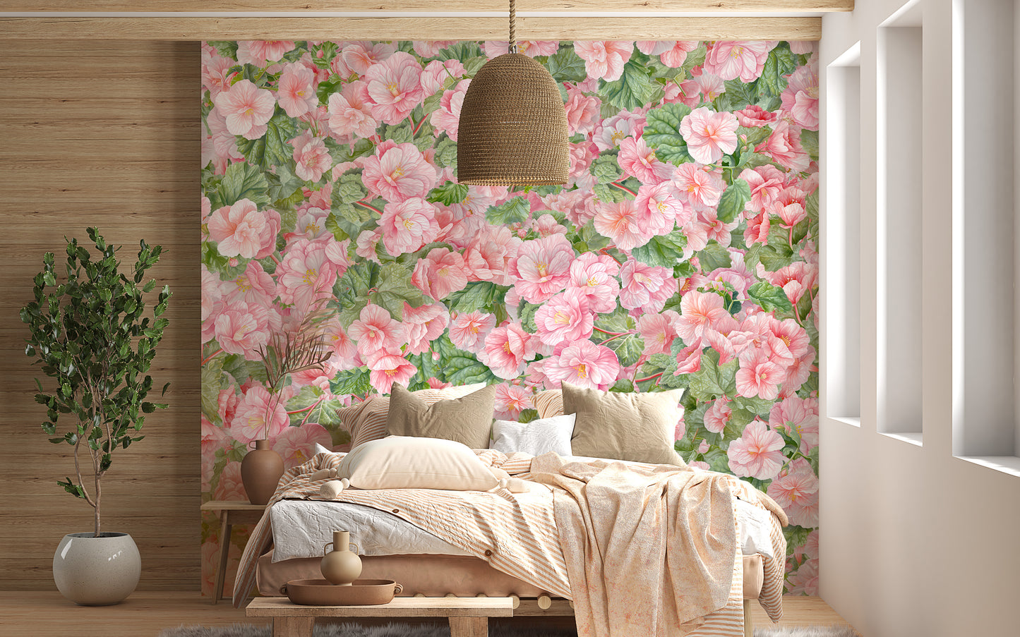Pink begonia themed mural wallpaper
