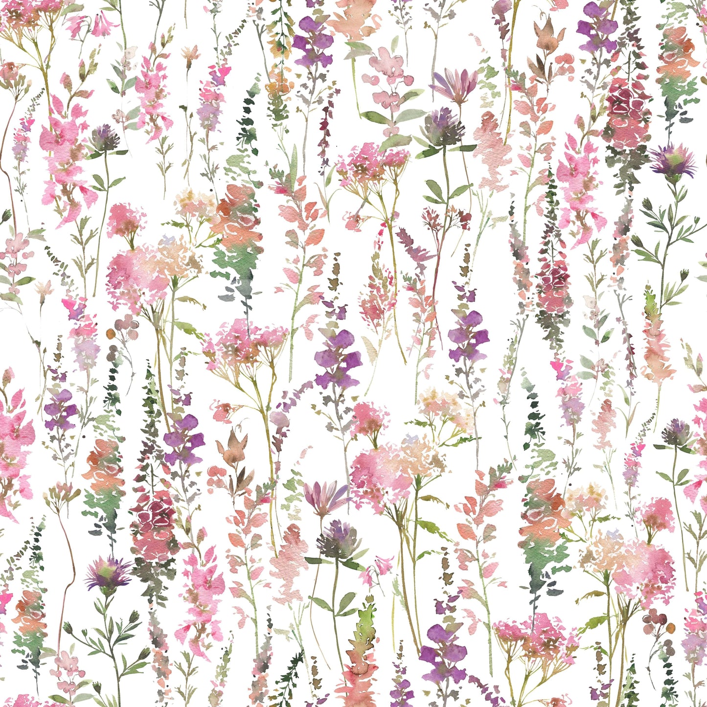 Whimsical floral stems wallpaper Pink Watercolor Meadow look.