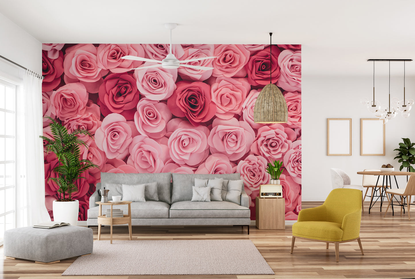 Artistic pink roses mural adding sophistication to walls.