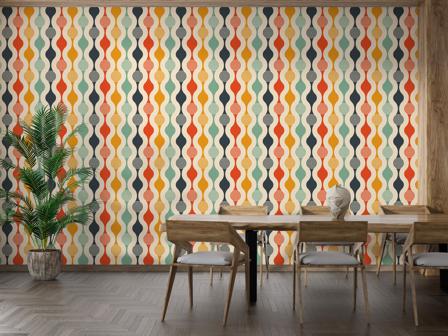Vintage modern wallpaper with curvy geometric designs in dining room