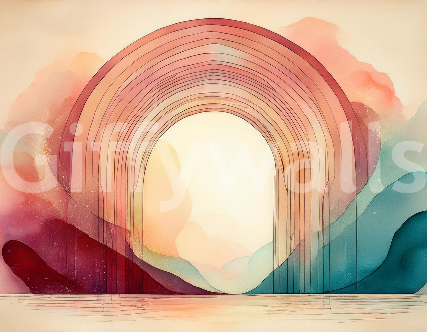 Radiant rainbow archway leading to a dreamlike world in mural wallpaper.