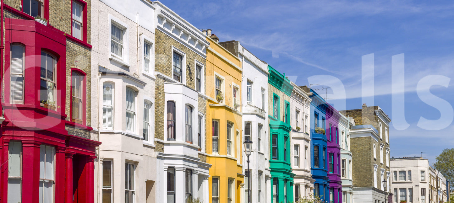 Rainbow Row Houses style wallpaper featuring bay windows.