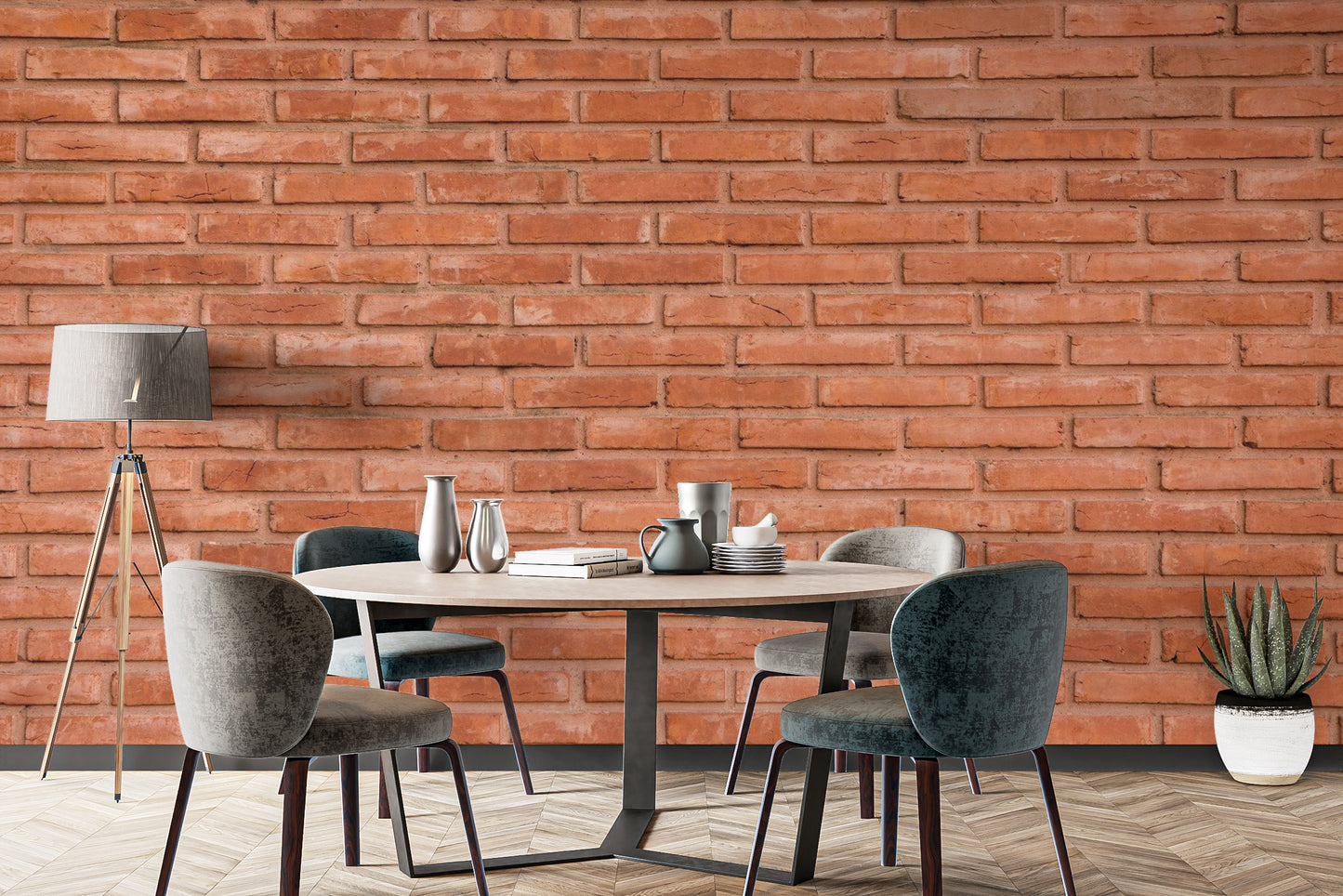 Red Bricks Wallpaper Mural in a dining room with industrial pendant lights.