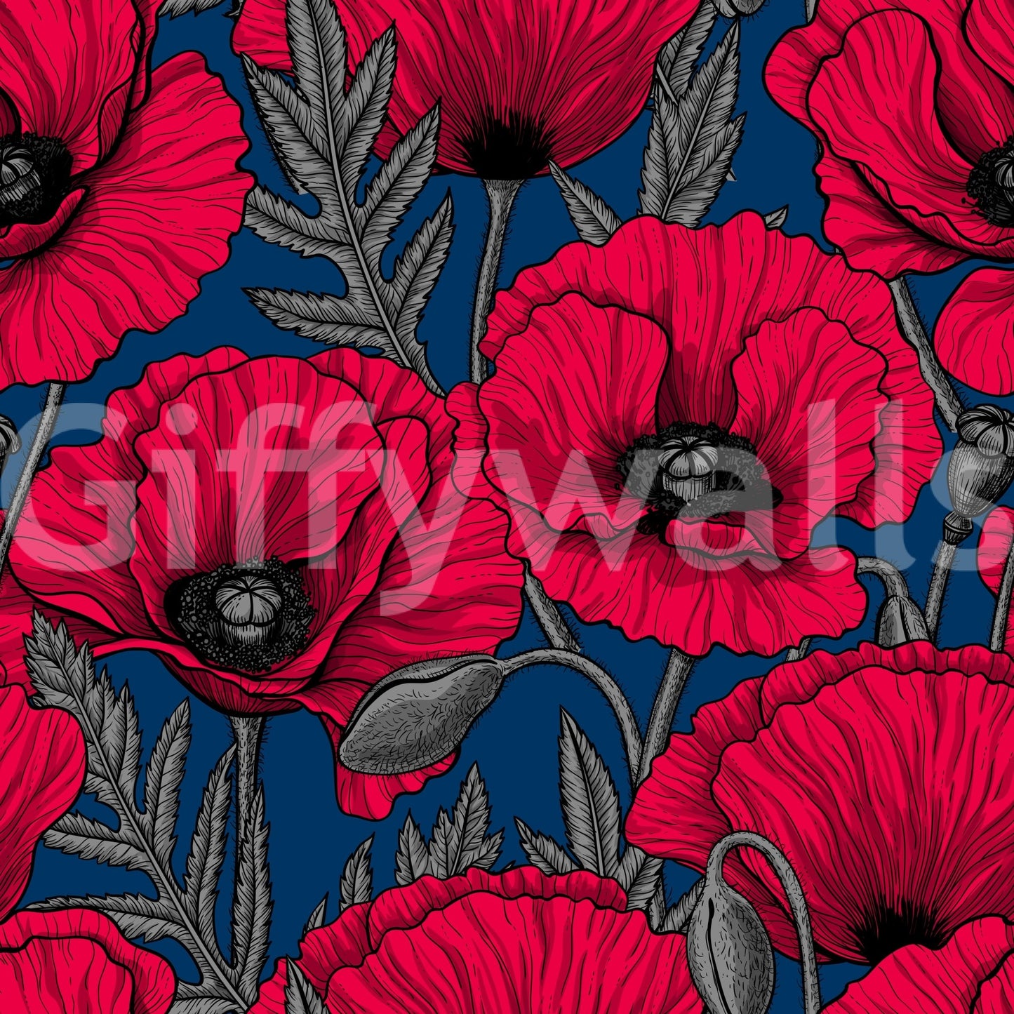 Bright red poppies wallpaper with dark blue contrast