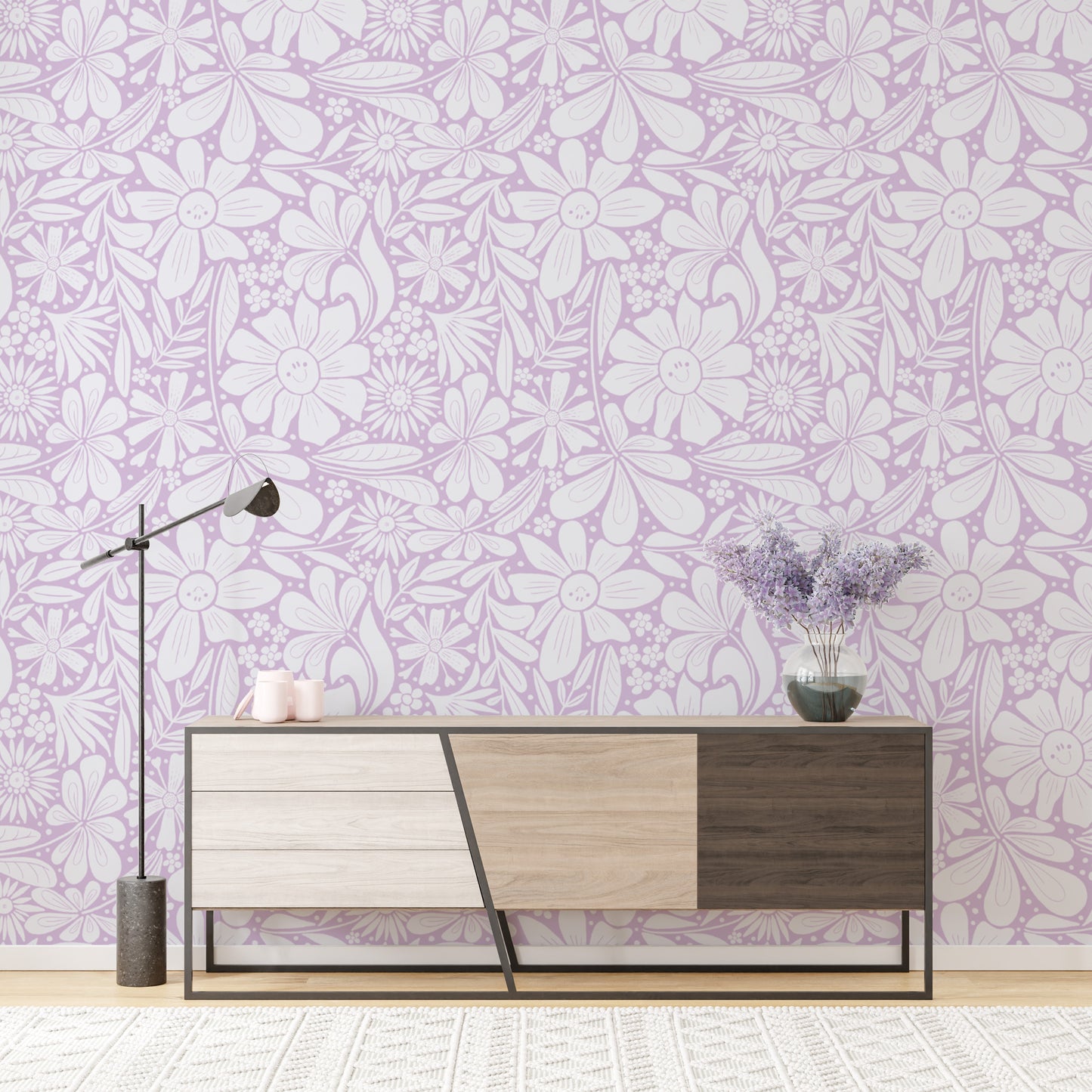 Subtle lilac wallpaper with dainty happy blooms details.
