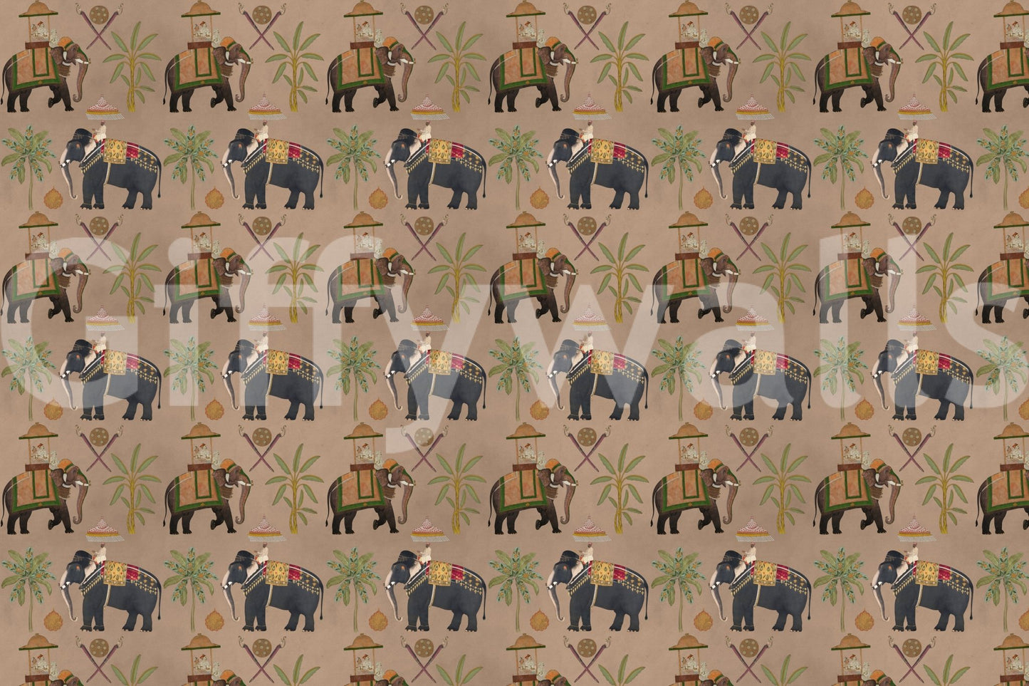 Regal Elephant Wall Mural featuring ornate traditional tapestries.