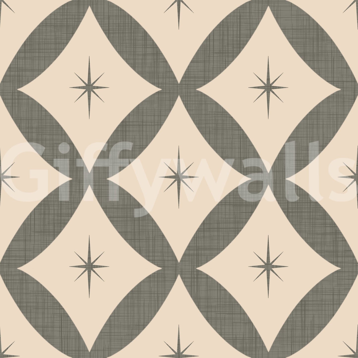 Abstract geometric wallpaper with olive diamonds arranged in a grid with starburst details.