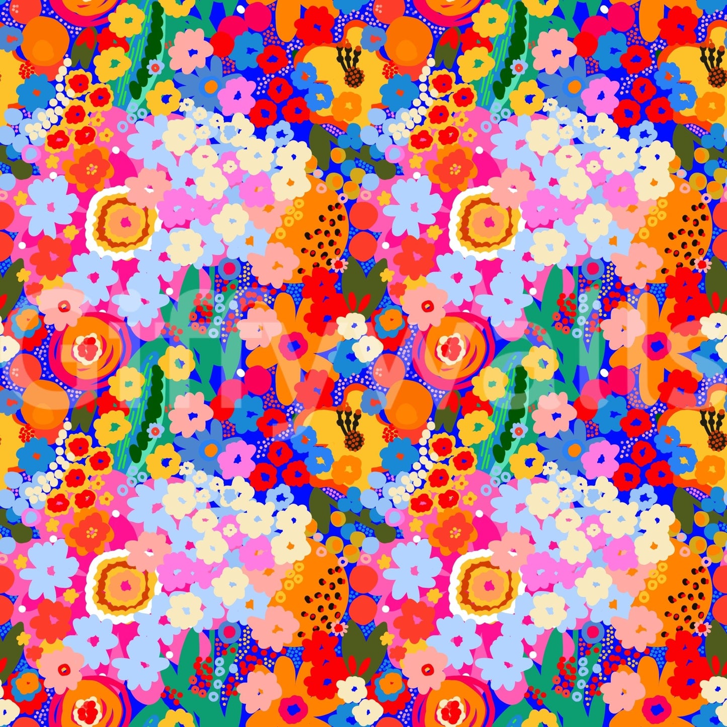 Contemporary flower and fruit illustration on Retro Bloom Flower Fruit Burst Wallpaper.