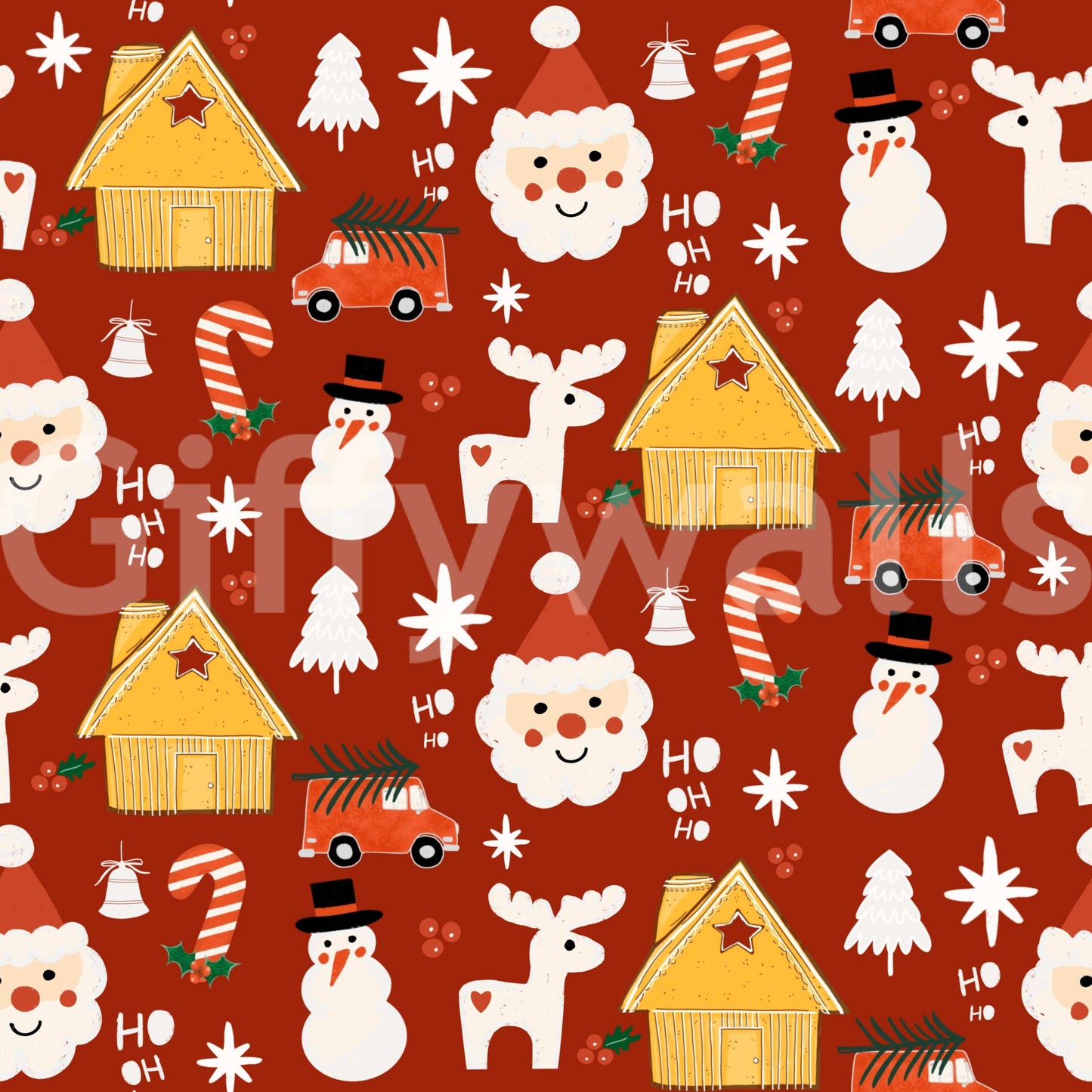 A cheerful Christmas wallpaper combining vintage-style huts, festive icons, and classic red holiday color.