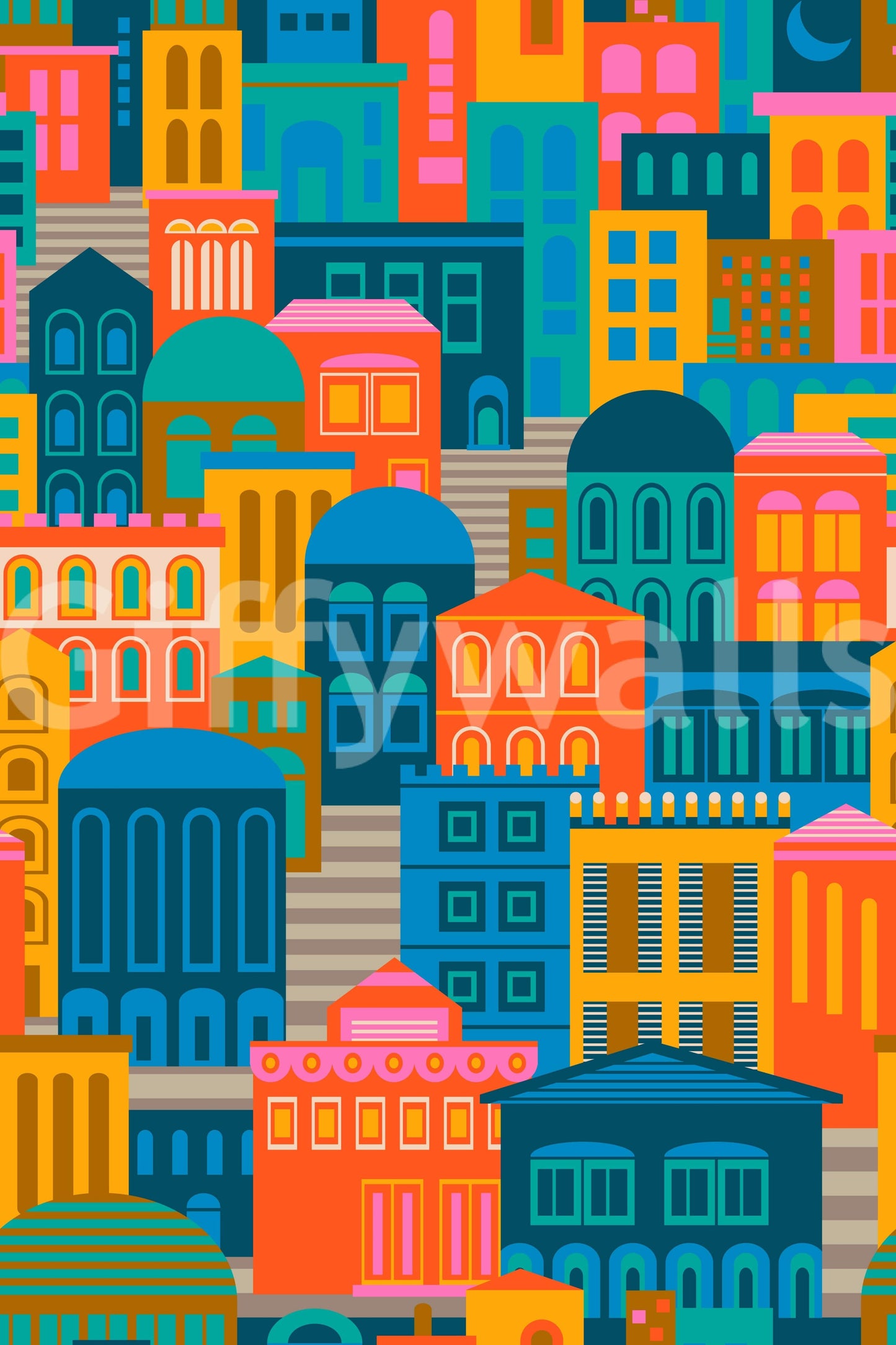 Bright urban pattern wallpaper with vintage postcard vibe