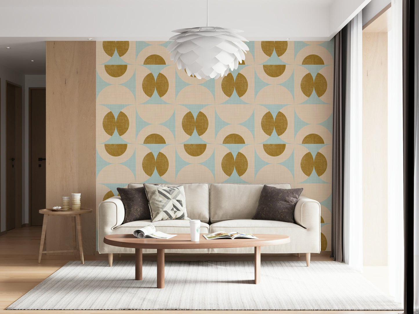 Patterned wallpaper with mid-century inspired arcs in soft aqua and warm mustard colors.