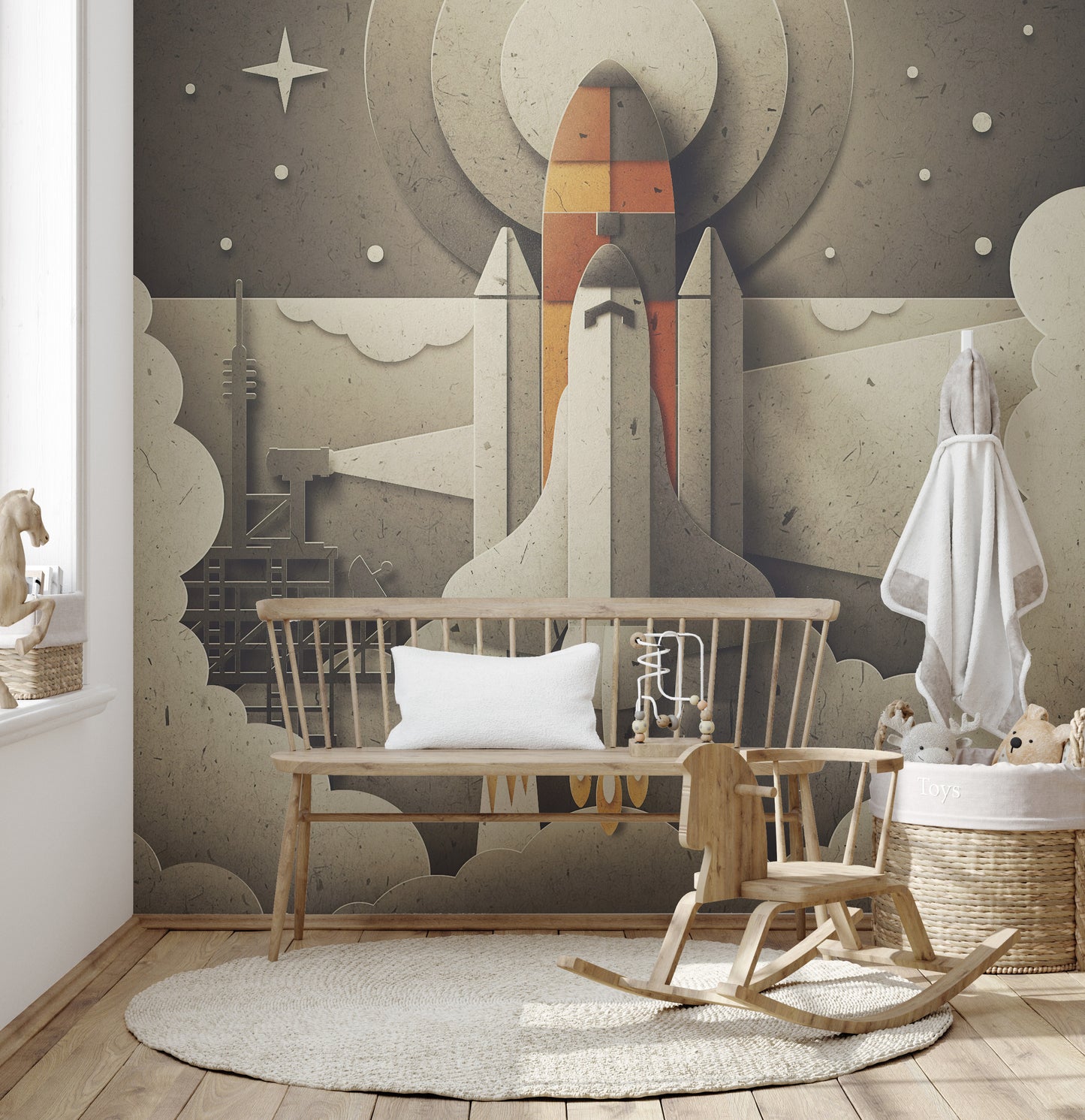 Kids Retro Space Rocket Wallpaper