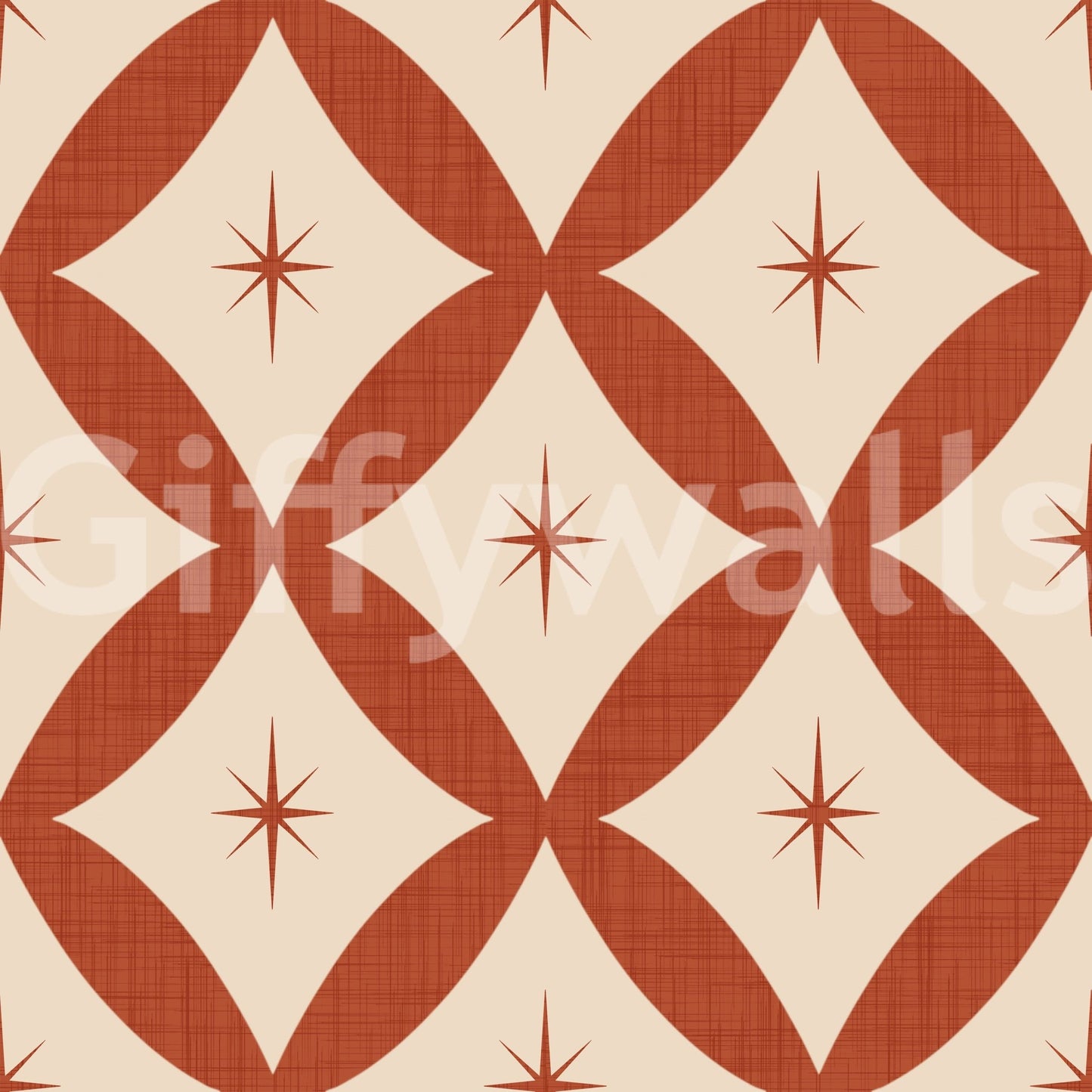 Mid-century geometric wallpaper with tiled diamond forms and starburst centers.
