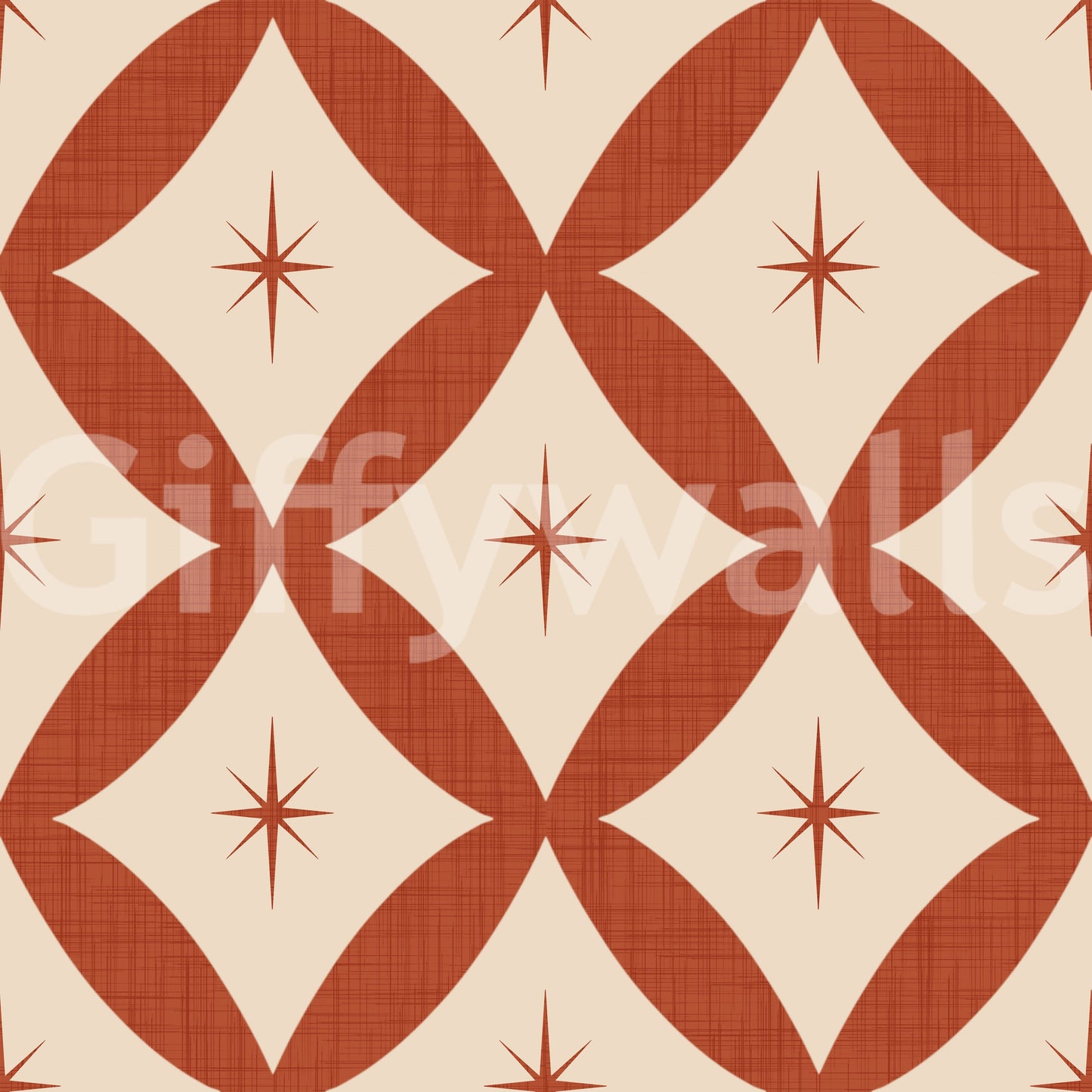 Mid-century geometric wallpaper with tiled diamond forms and starburst centers.