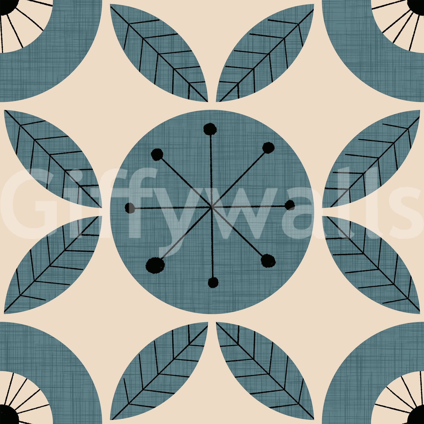 A teal retro wallpaper with rotating circular designs and repeating leaf geometry.