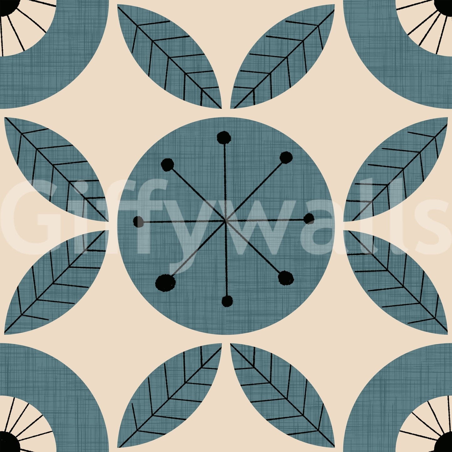 A teal retro wallpaper with rotating circular designs and repeating leaf geometry.