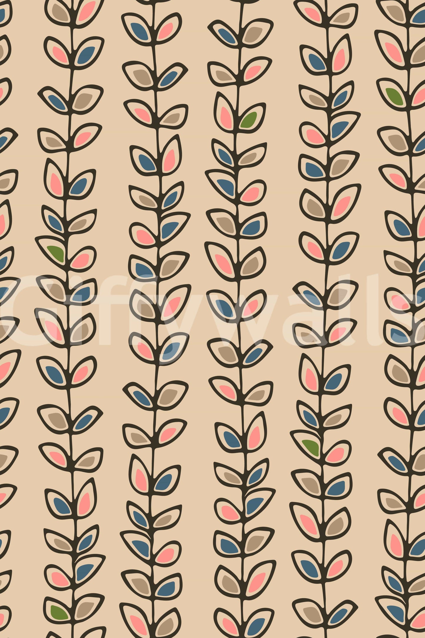 A charming retro leaf wallpaper featuring upward-growing vines in evenly spaced stripes.