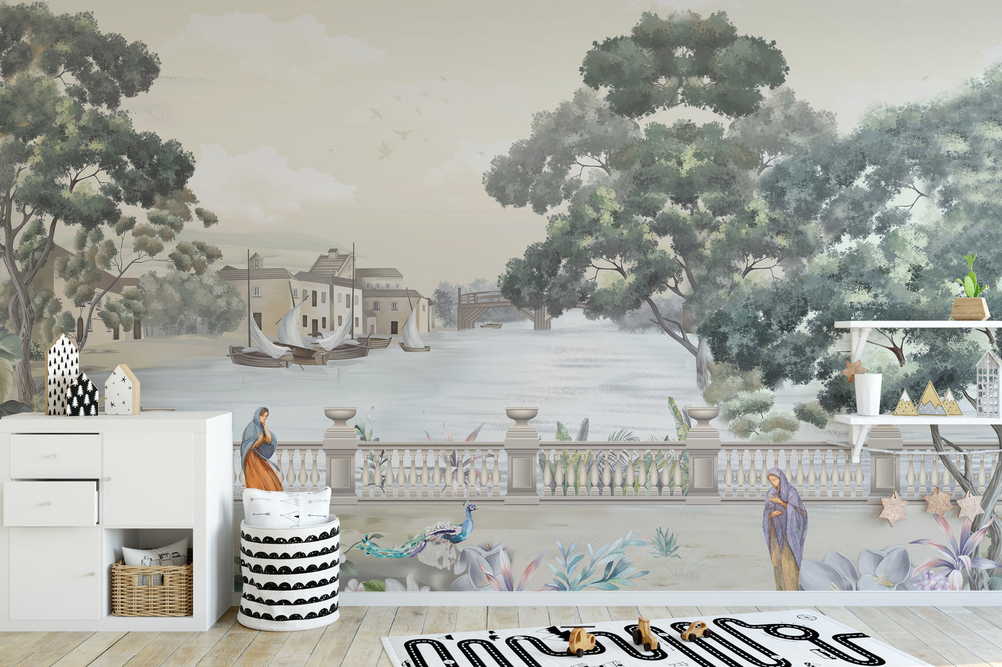 Scenic vintage river city wallpaper mural for elegant spaces