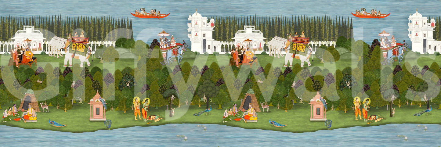 Nature-focused wall mural with river, forest, and cultural scenes