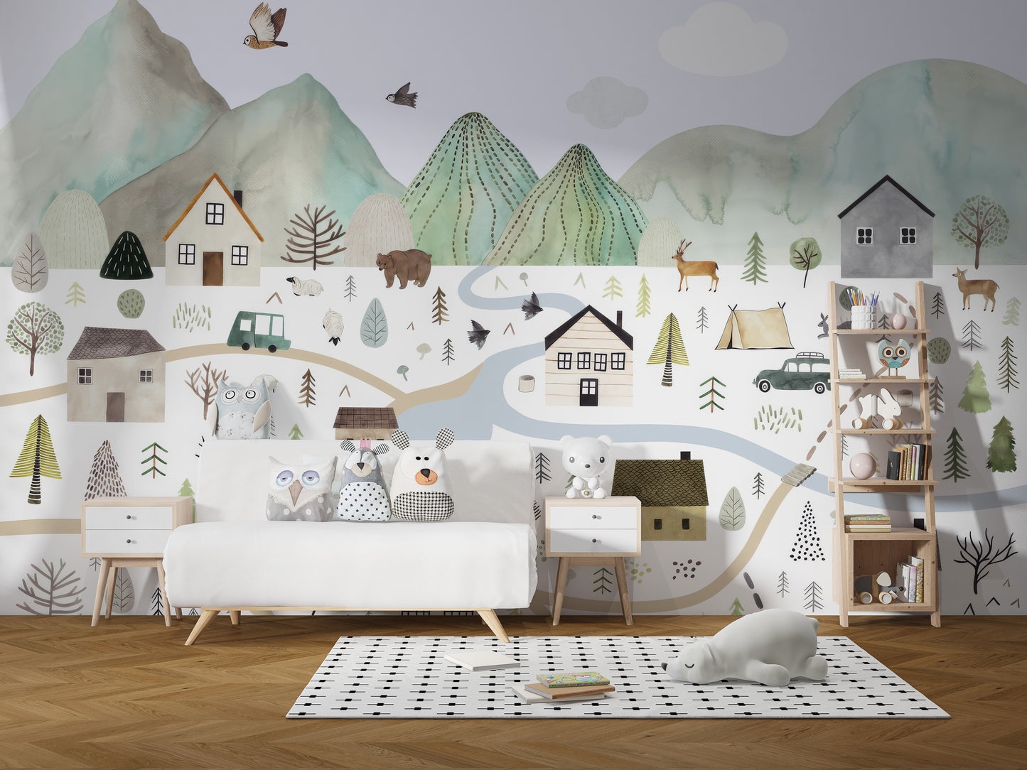 Minimalist mural with river and hills