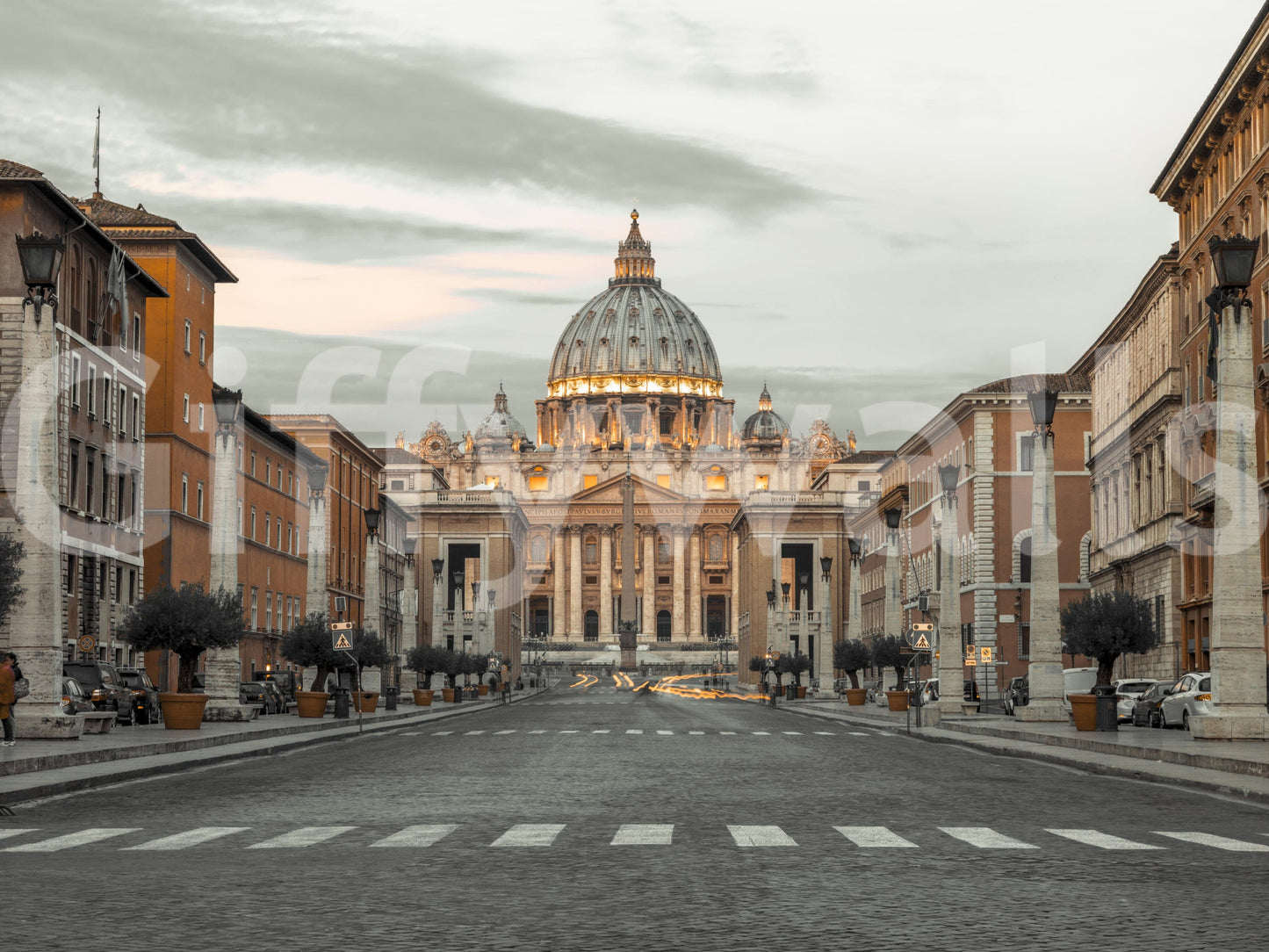 Eternal City Vista warm glow cathedral dome wallpaper for walls.