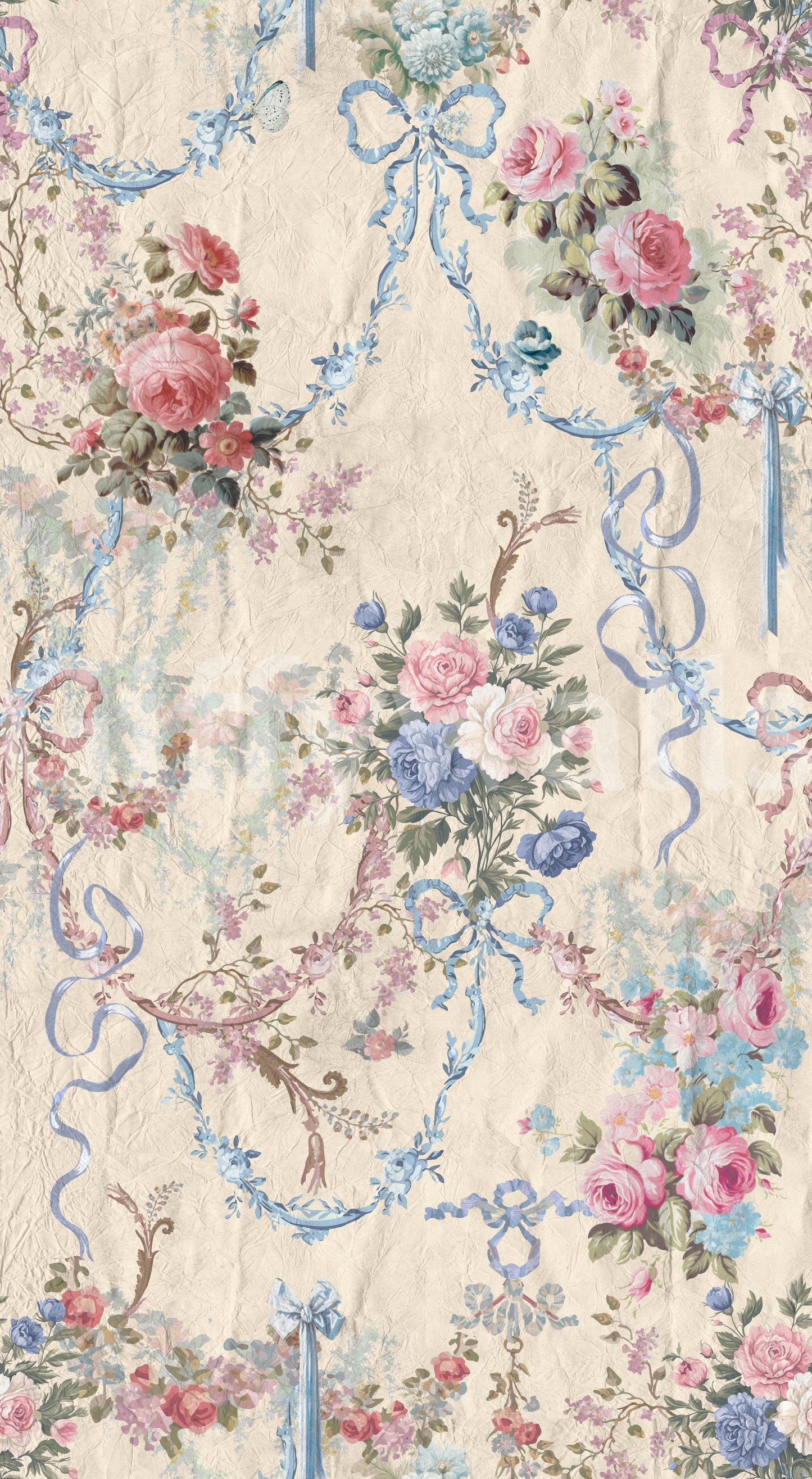 Ornate Ribbon Rose Serenade Chinoiserie floral design blue accents.