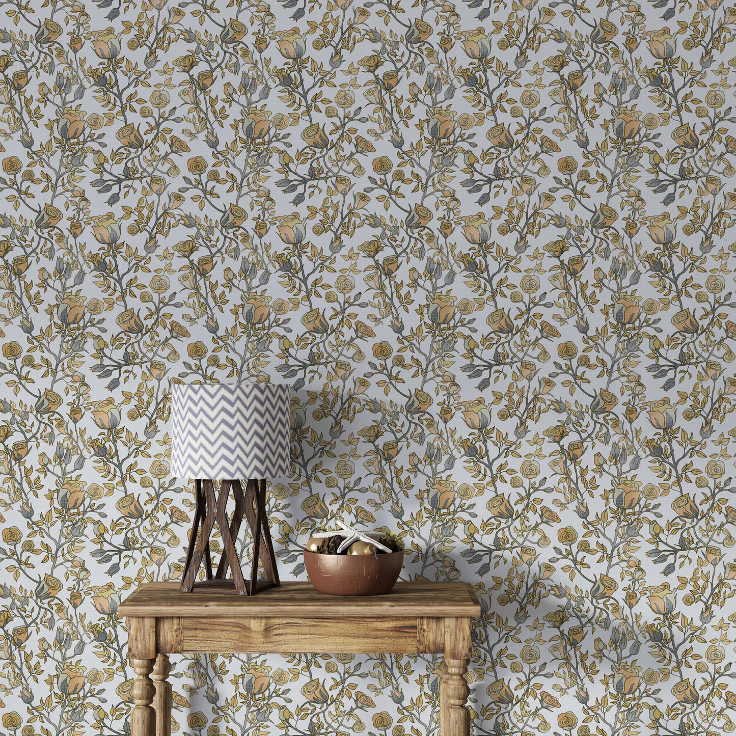 Roser træ gyldne og grå tapet