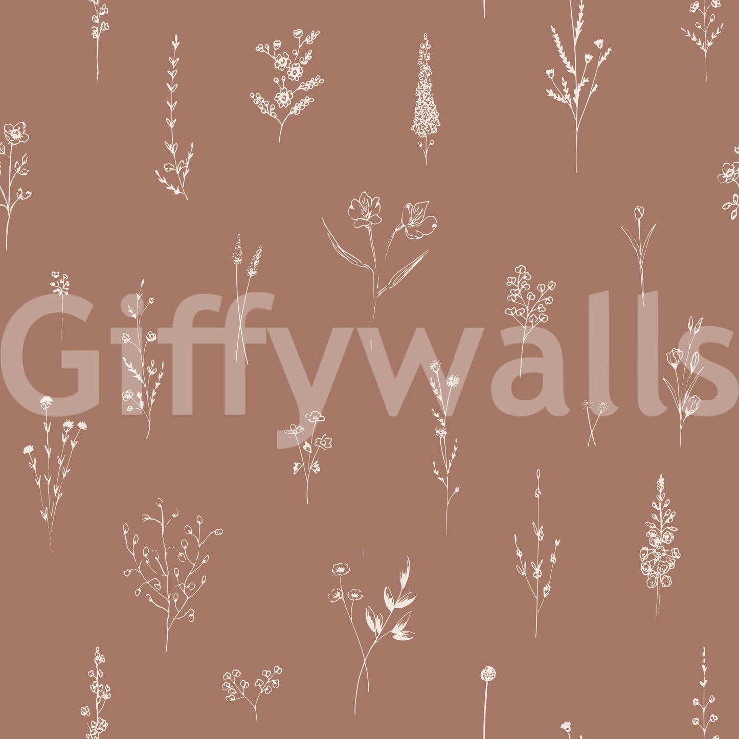 Minimalist cream-on-brown floral artwork with scattered botanical sketches for a rustic feel
