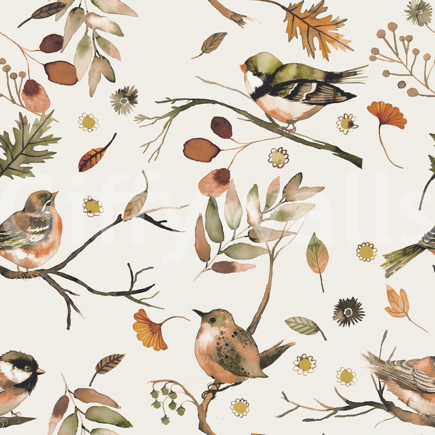 Birds Trees Forest Rustic Green Wallpaper