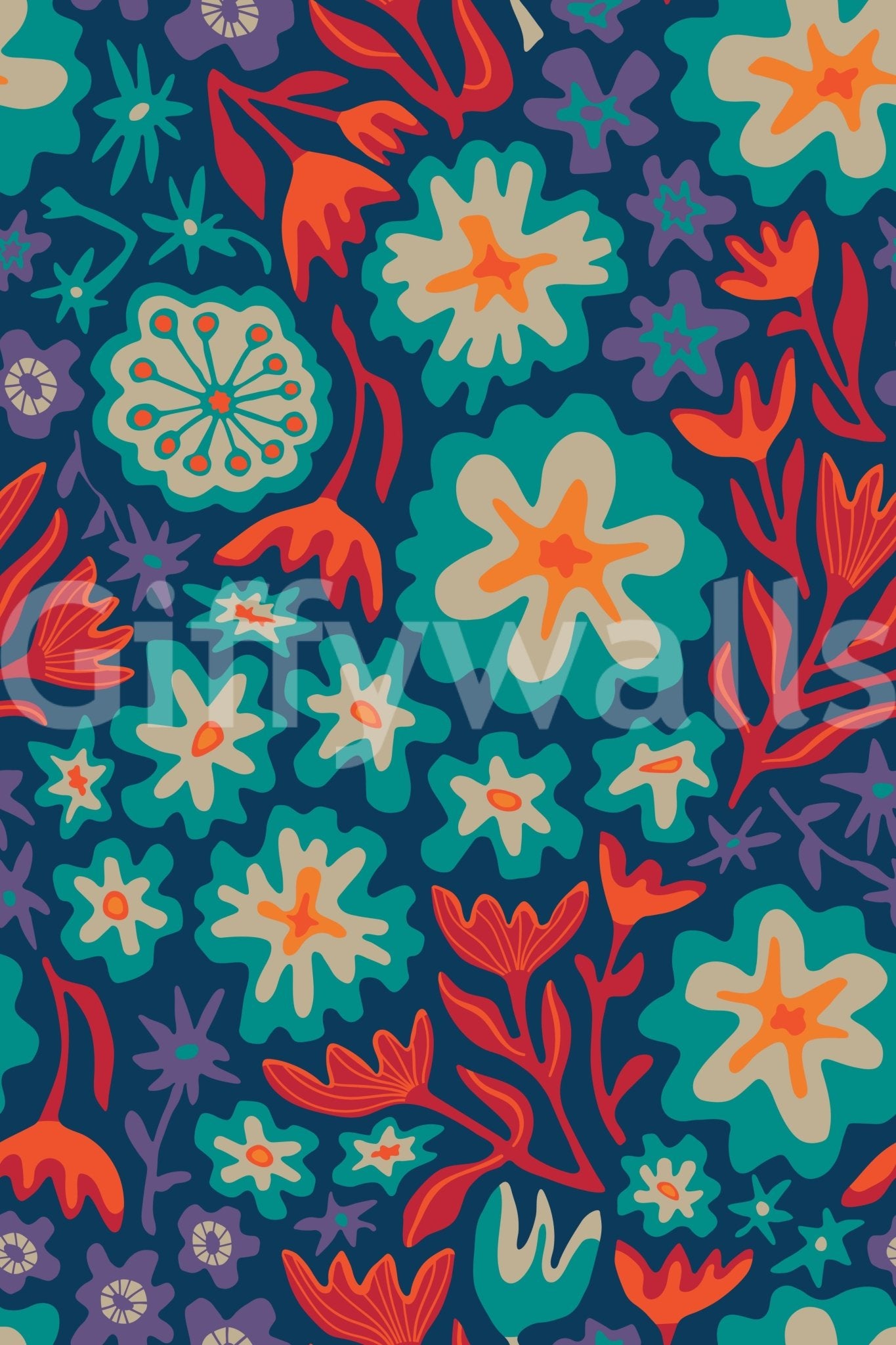 Floral wallpaper with a powerful, multi-colored contrast.