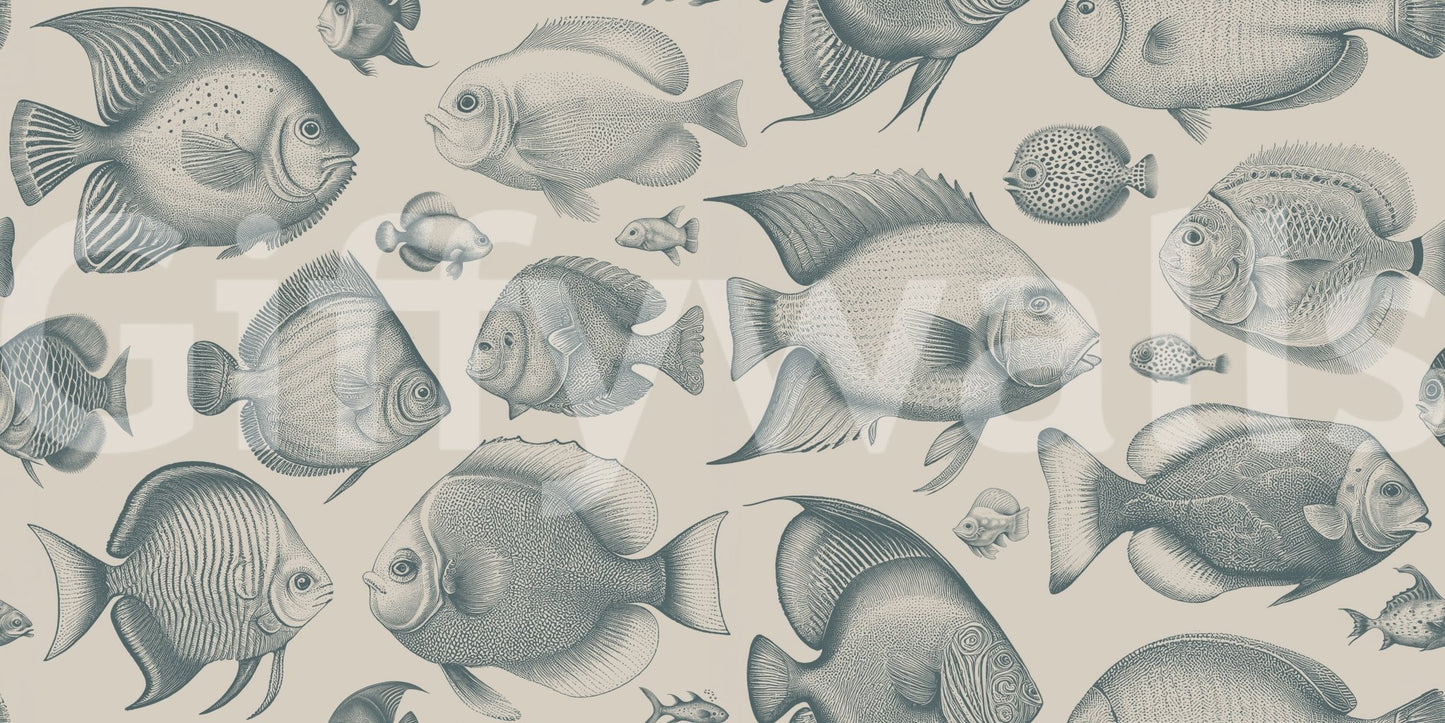 Detailed line art fish motif mural wallpaper for walls
