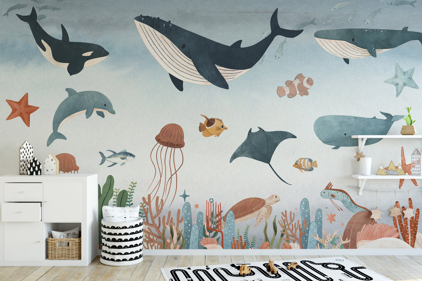 Calm sea symphony-inspired wall mural art