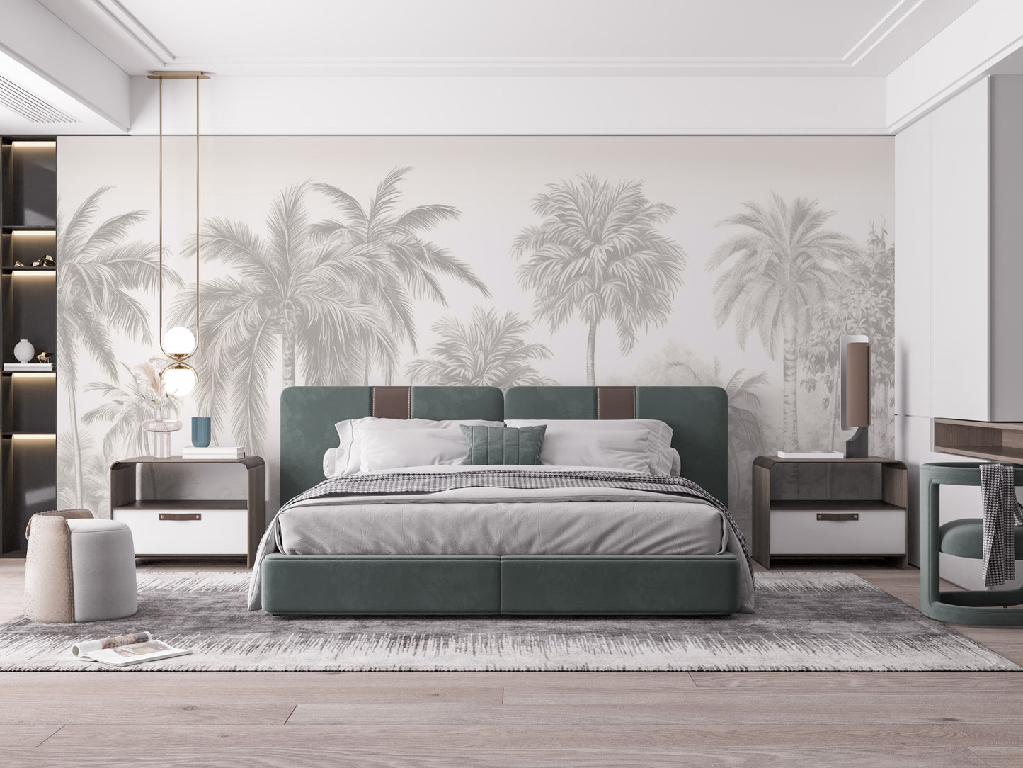 Removable self adhesive Palm Tree Wall Mural behind a dark green bed headboard for a sophisticated safari style.