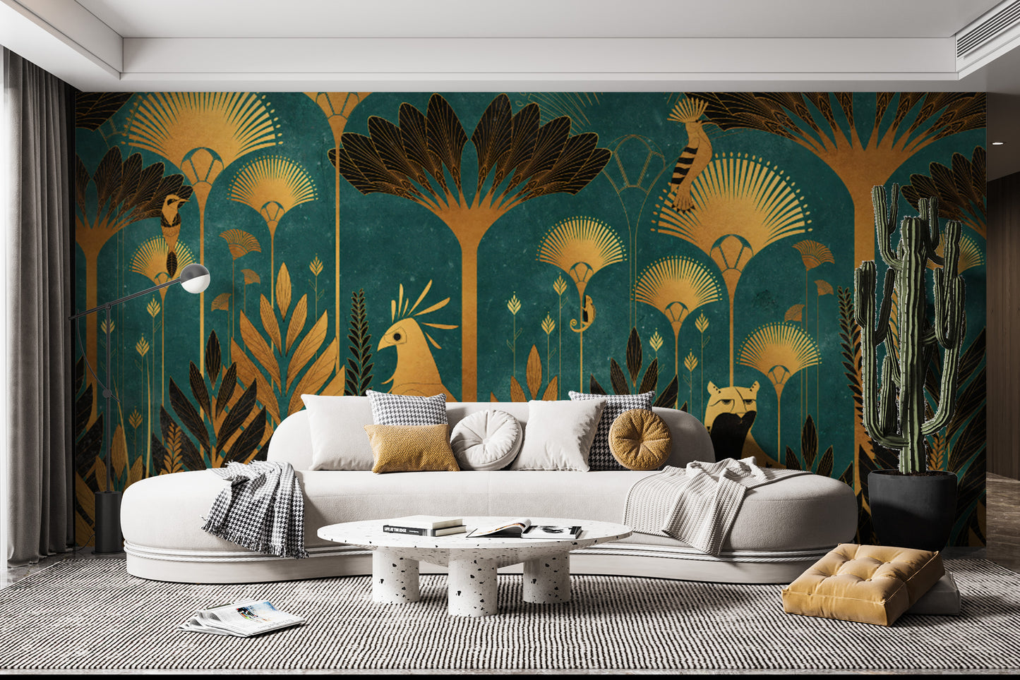Teal jungle wallpaper featuring golden parrots and palm leaves